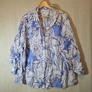 H by Halston Women’s 3X Button Down 100% Linen Shirt Blue White Floral Tropical